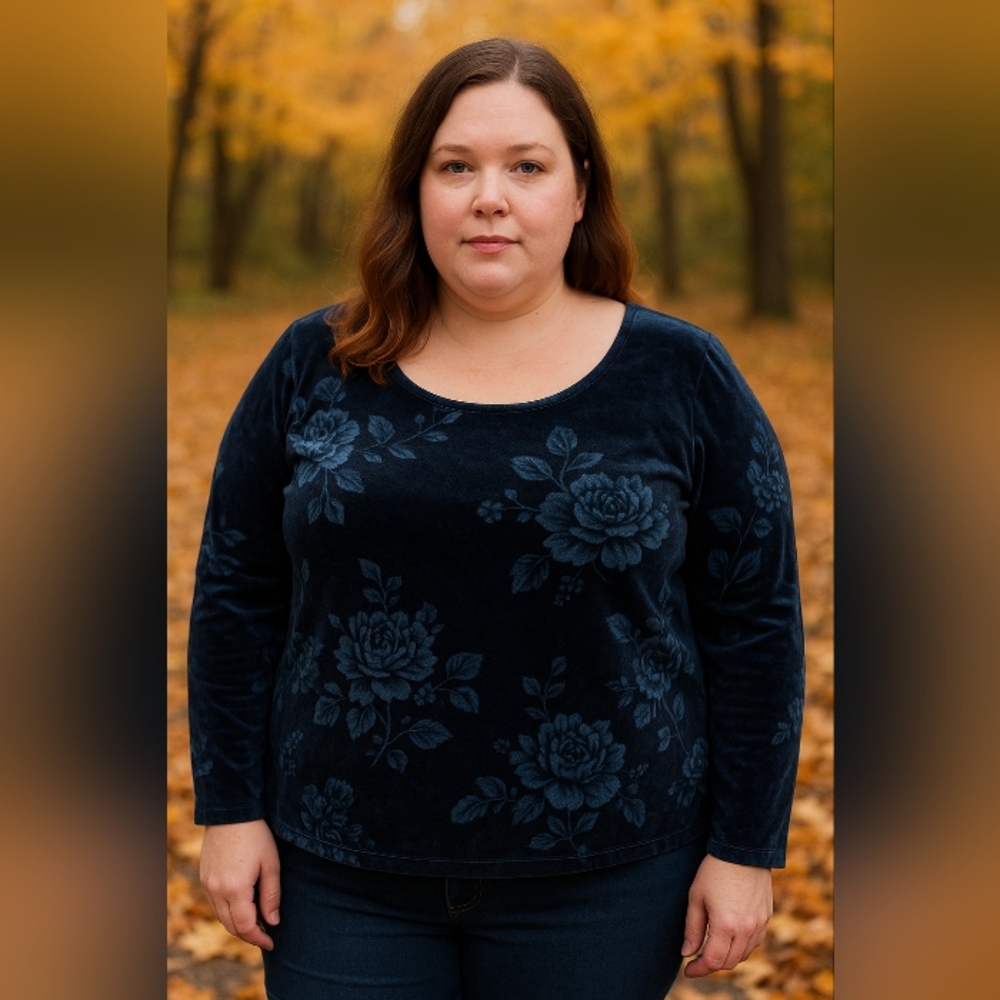 Old Navy Velvet Floral Blouse 3X Navy Blue Long Sleeve
